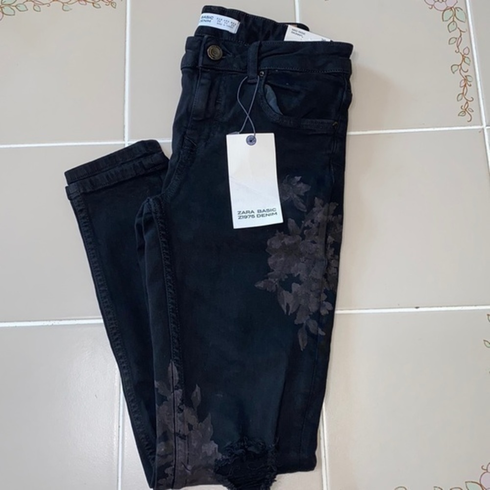 NWT Zara Floral Painted Mid-rise Skinny Jeans Black 36
